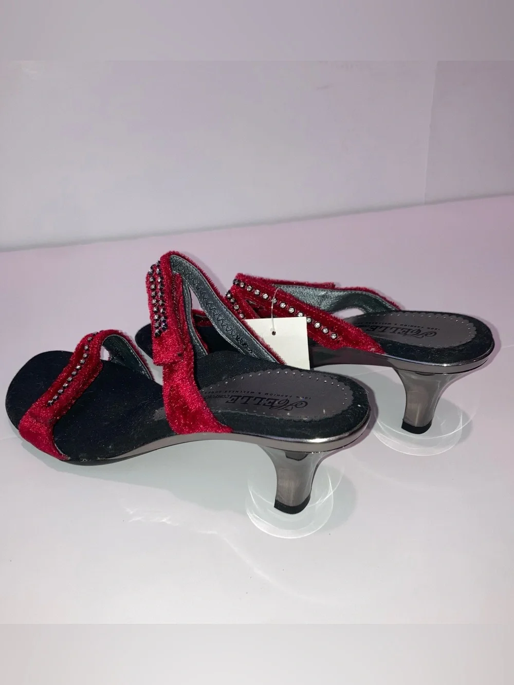 Helle Comfort Red Velvet Rhinestone Strappy Heels EU 38 US 7.5 Vintage Y2K